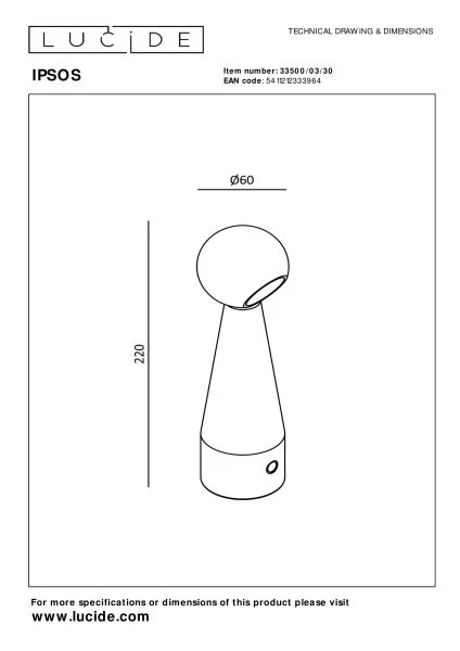 Lucide IPSOS - Lampe de table Rechargeable - Batterie/Piles - LED Dim to warm - 1x3W 3000K/3200K - Noir - technique